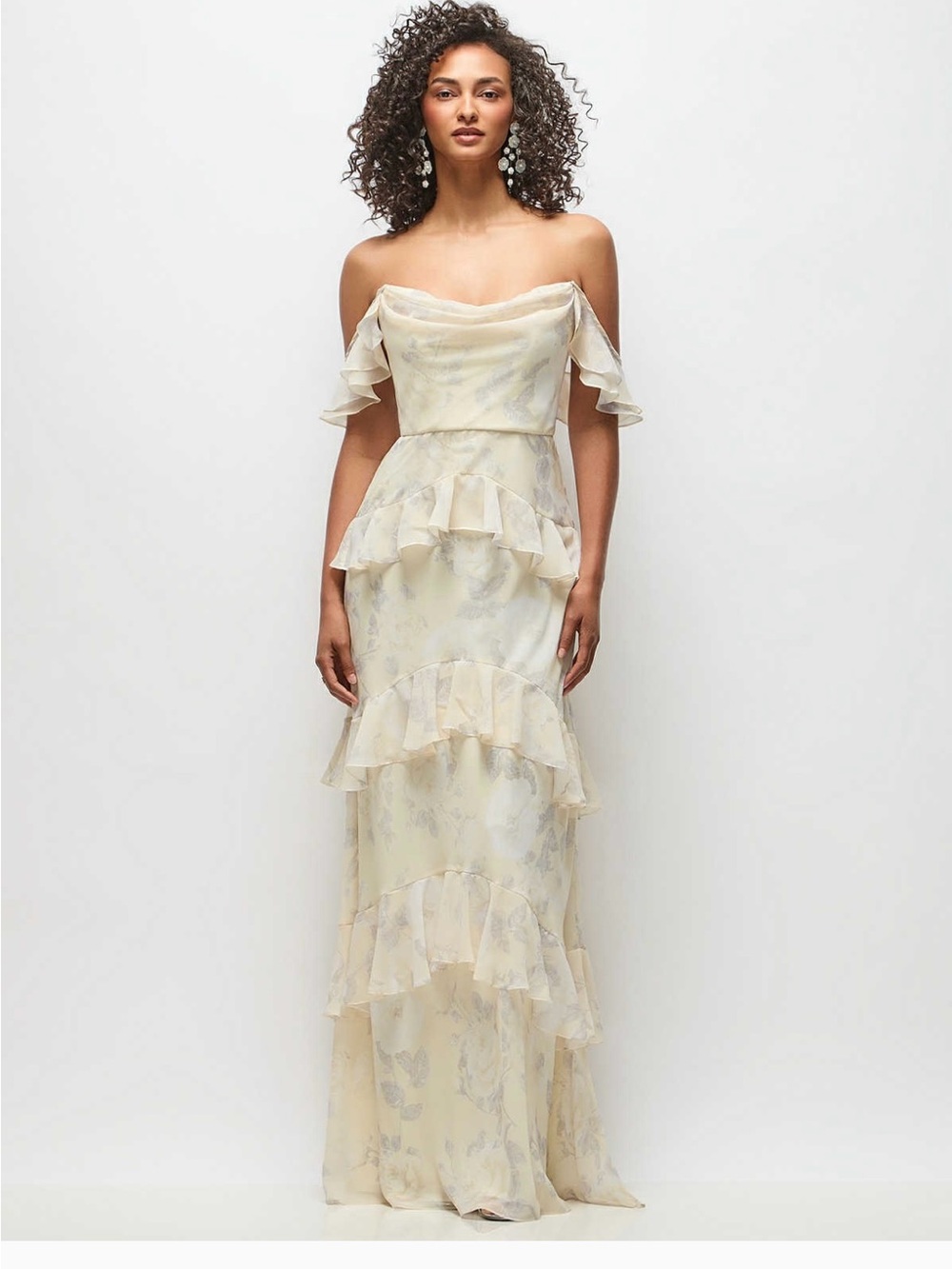 Dessy Off-Shoulder butter yellow Ruffle Tiered Maxi Dress-NWT